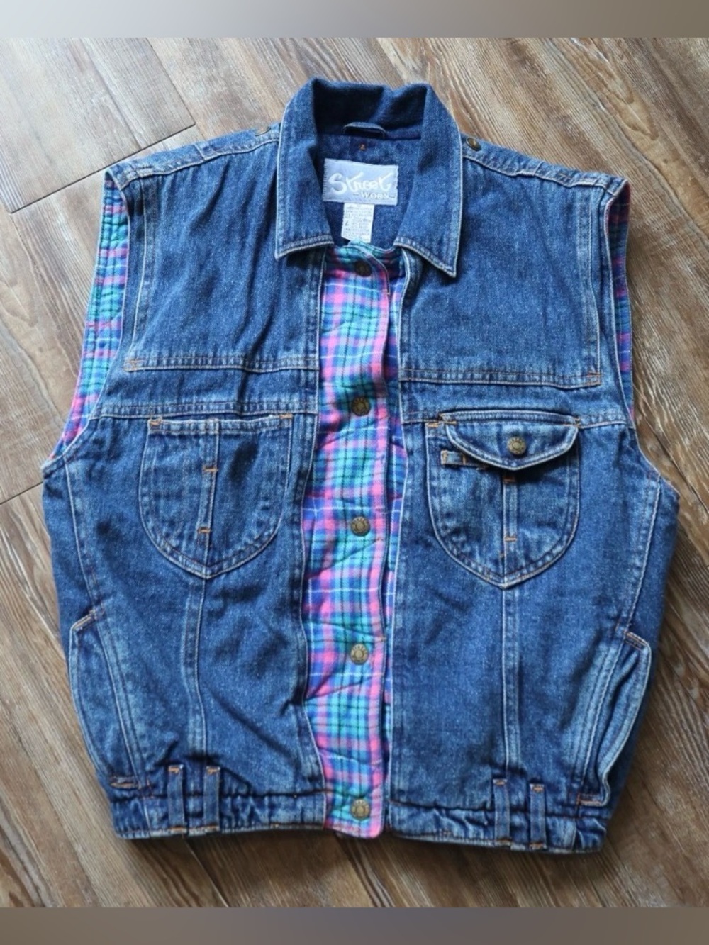 VTG Street Worn Womens Retro 80's Nostalgic Americana Denim Vest Plaid Lined 12